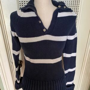 Polo by Ralph Lauren Striped V-Neck Sweater in Navy and White